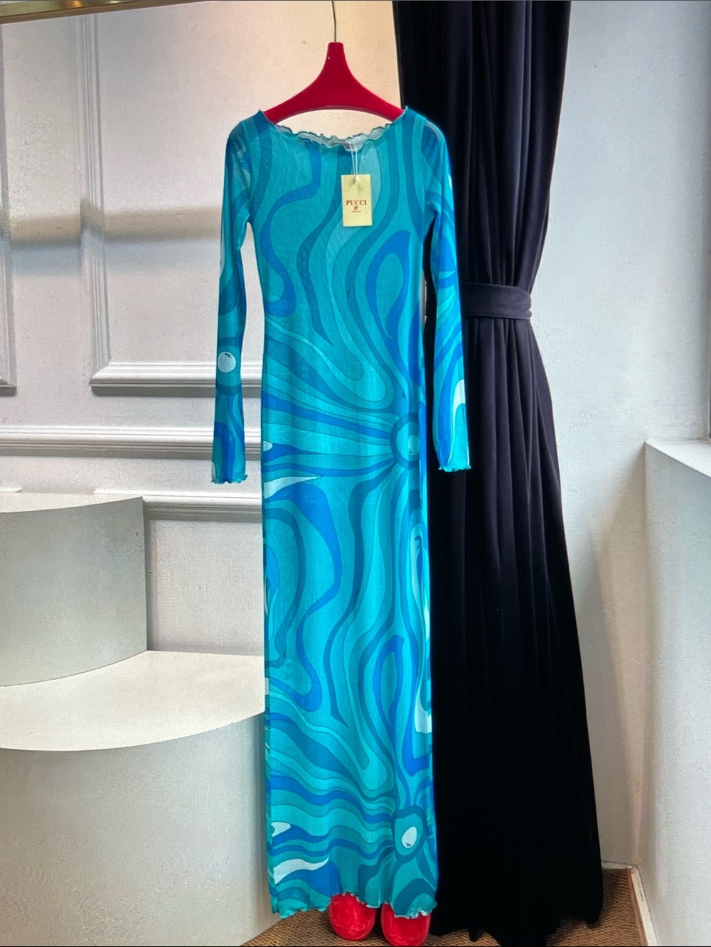 Emilio Pucci Turquoise & Teal Swirl Long-Sleeve Maxi Dress